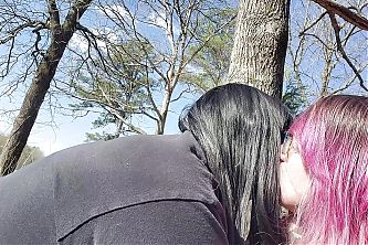 Goth trans girl gets her cock sucked outside by trans goth girlfriend