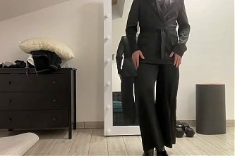 Satin silk jumpsuit and blazer jacket on sissy tranny slut